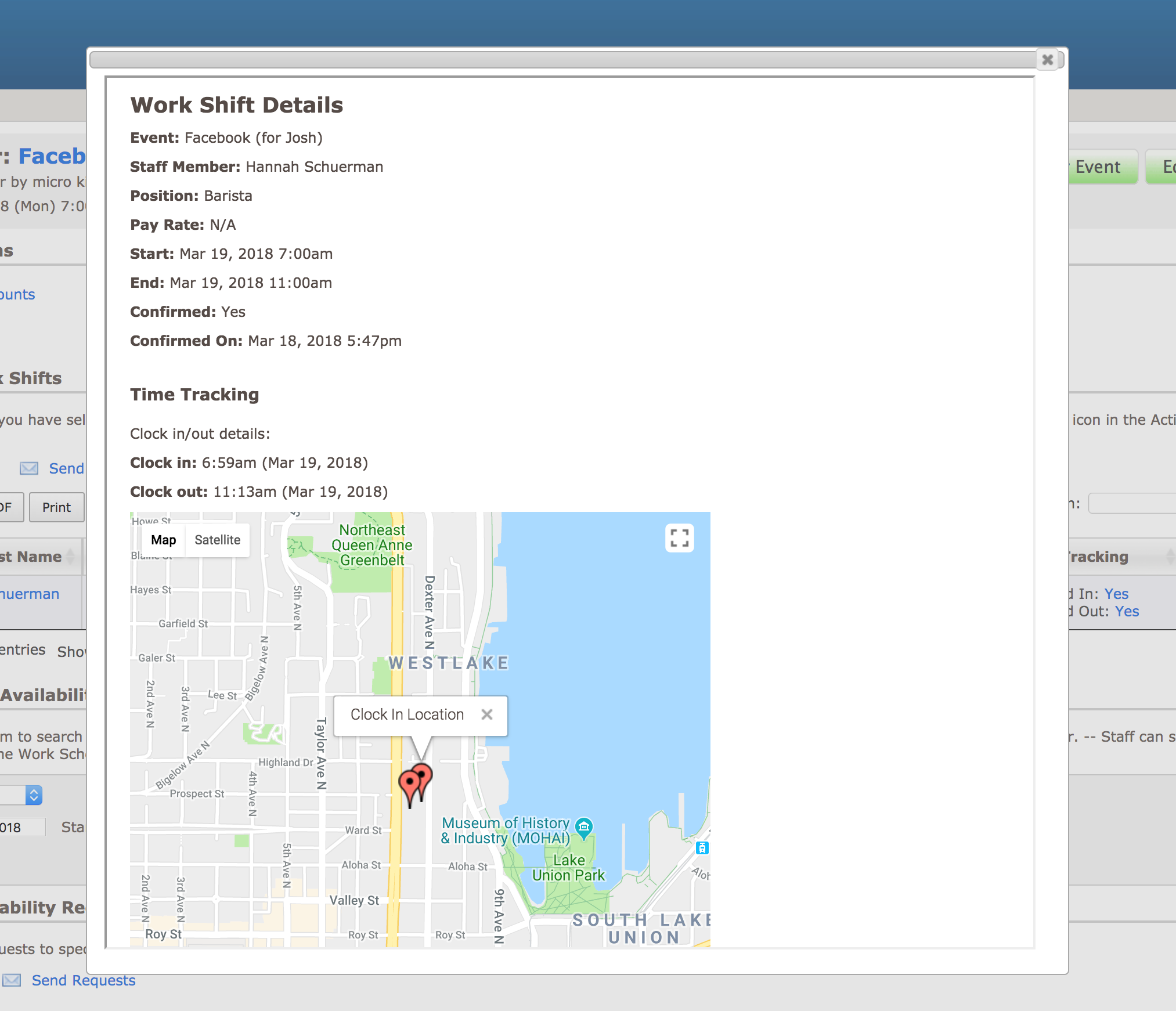 Full details on each work shift including time and attendance with geo tracking.