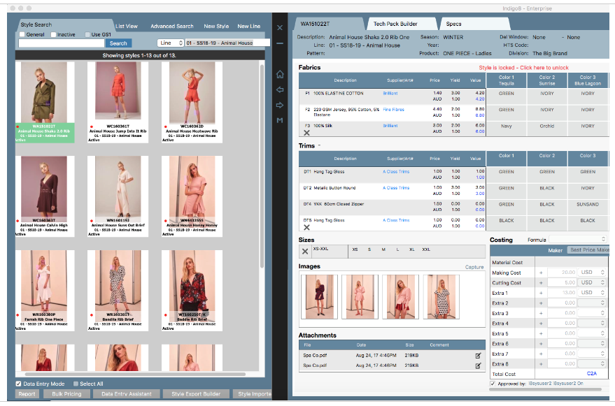 The style search allows users to view fabrics, trims, sizes, images, and more, and calculates the cost of ordering