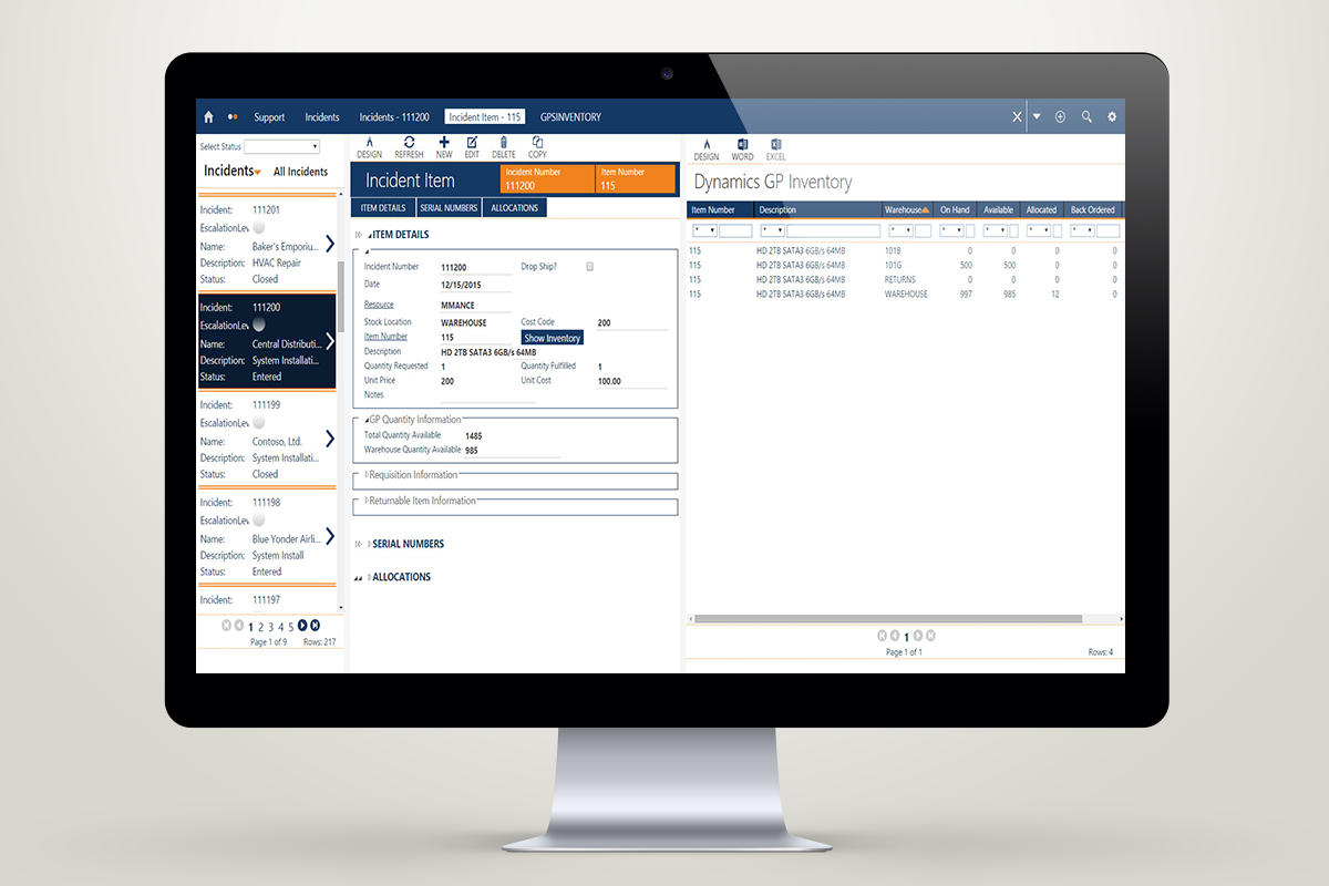 Improve service performance and reduce costs with parts/inventory control and purchasing support via Microsoft Dynamics GP