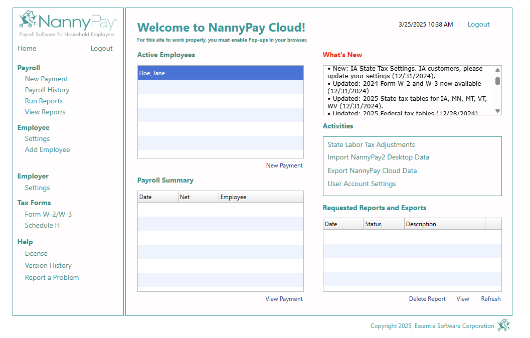 NannyPay screenshot: NannyPay Cloud Home
