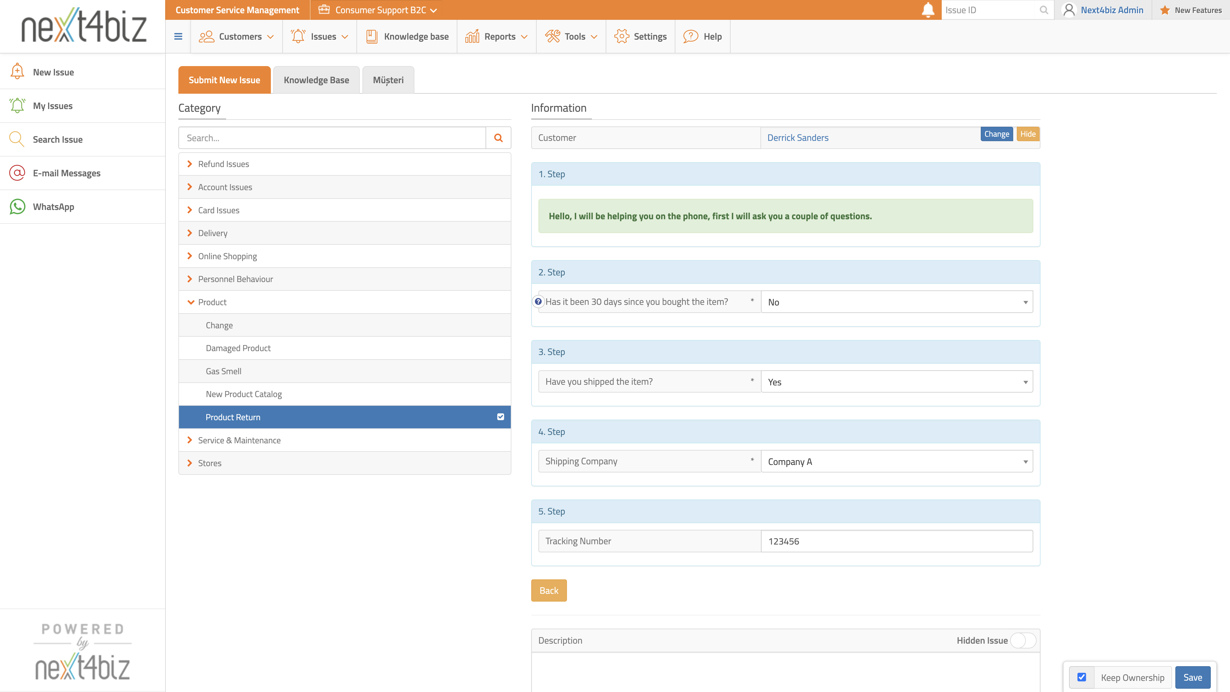 Next4biz CSM screenshot: Provide a step-by-step guide for customer service agents to handle customer interactions effectively. Offer pre-defined scripts or allows agents to create custom scripts with prompts to guide them through different scenarios, ensuring consistency.