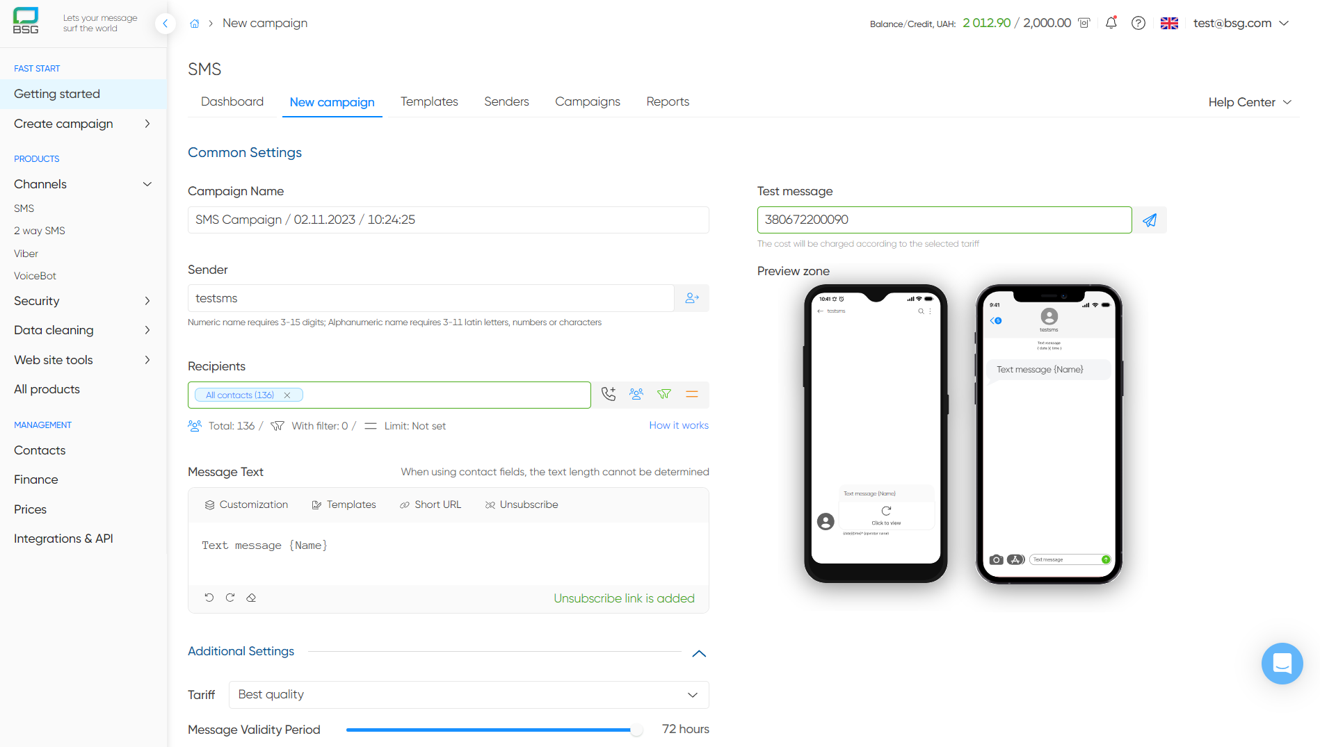BSG screenshot: Send promotions and updates via Bulk SMS