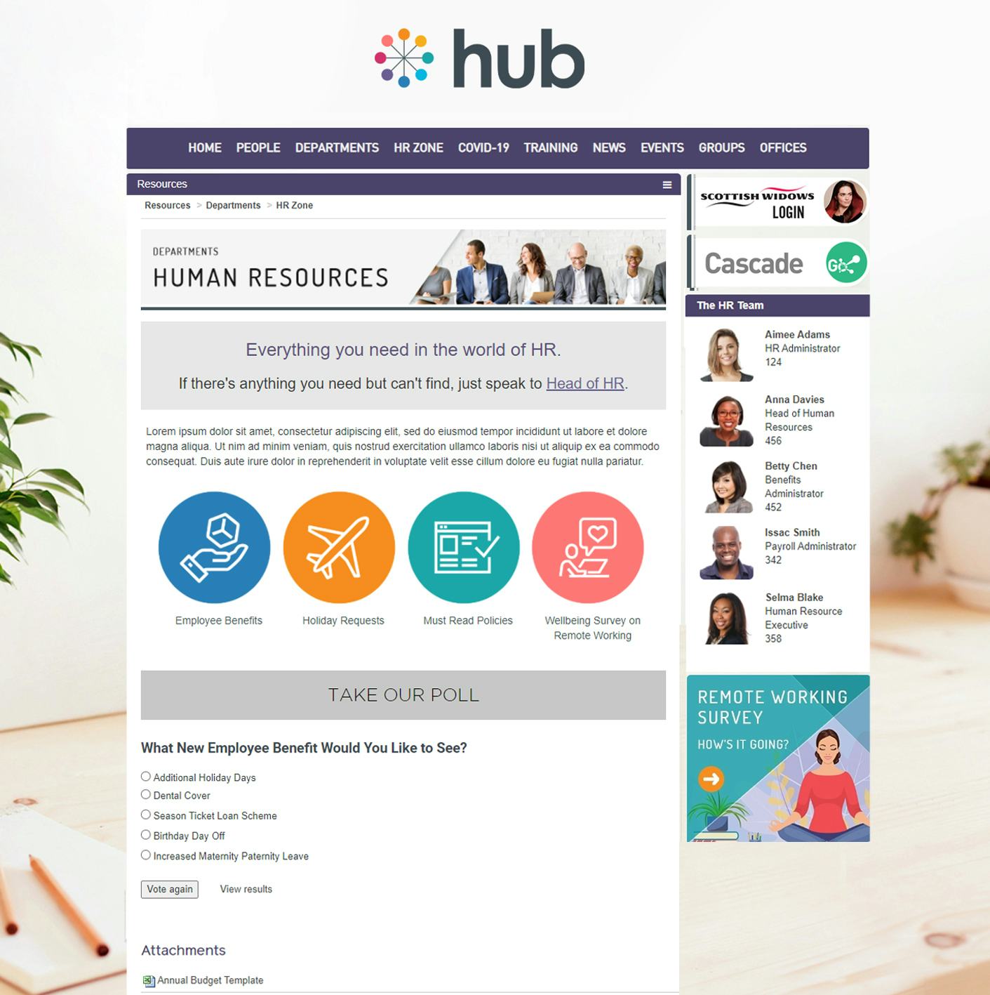 Hub Software - Example Resource page - create a infinite hierarchy of pages and subfolders, create visual folder links, and embed interactive media on pages, including polls, forms, surveys etc.