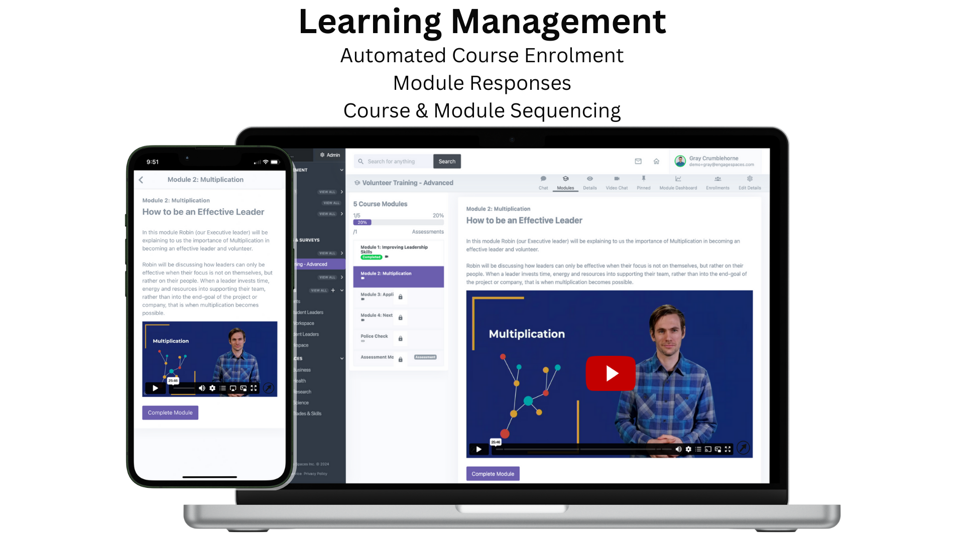Teach your members with your custom videos. Create structured courses, and sequence your modules. Provide post-module reflections to encourage learning and to track understanding. Automate enrolment so that your Training can be optional or required.