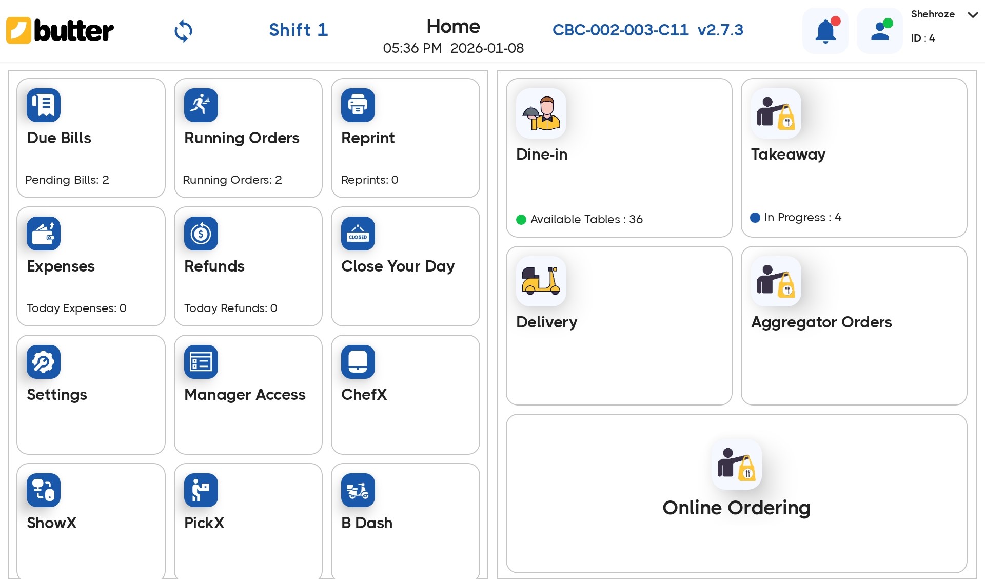 Butter POS screenshot: Butter POS app home screen