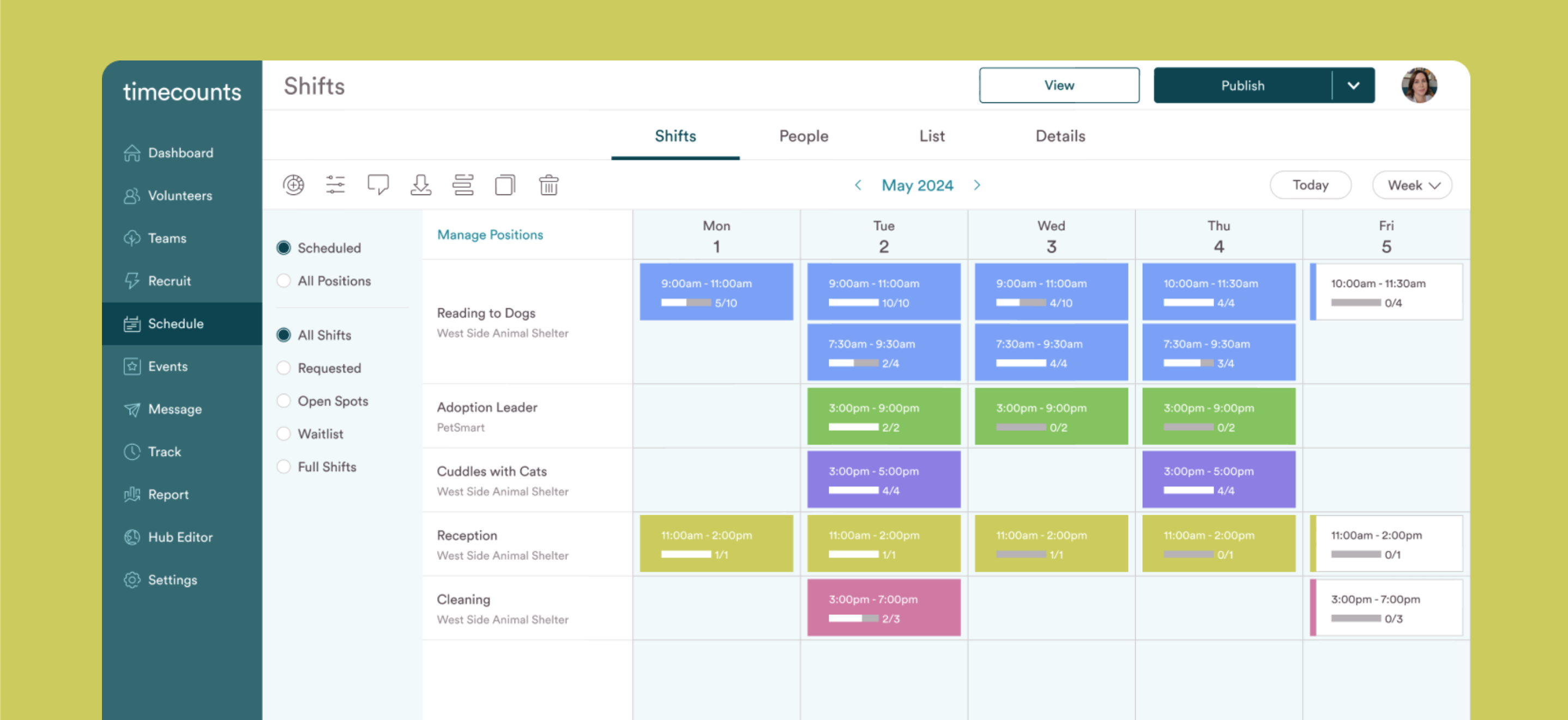 Create ongoing or event-based opportunities. Post weekly or monthly shifts with an easy-to-use calendar that lets you copy the schedule in minutes. 