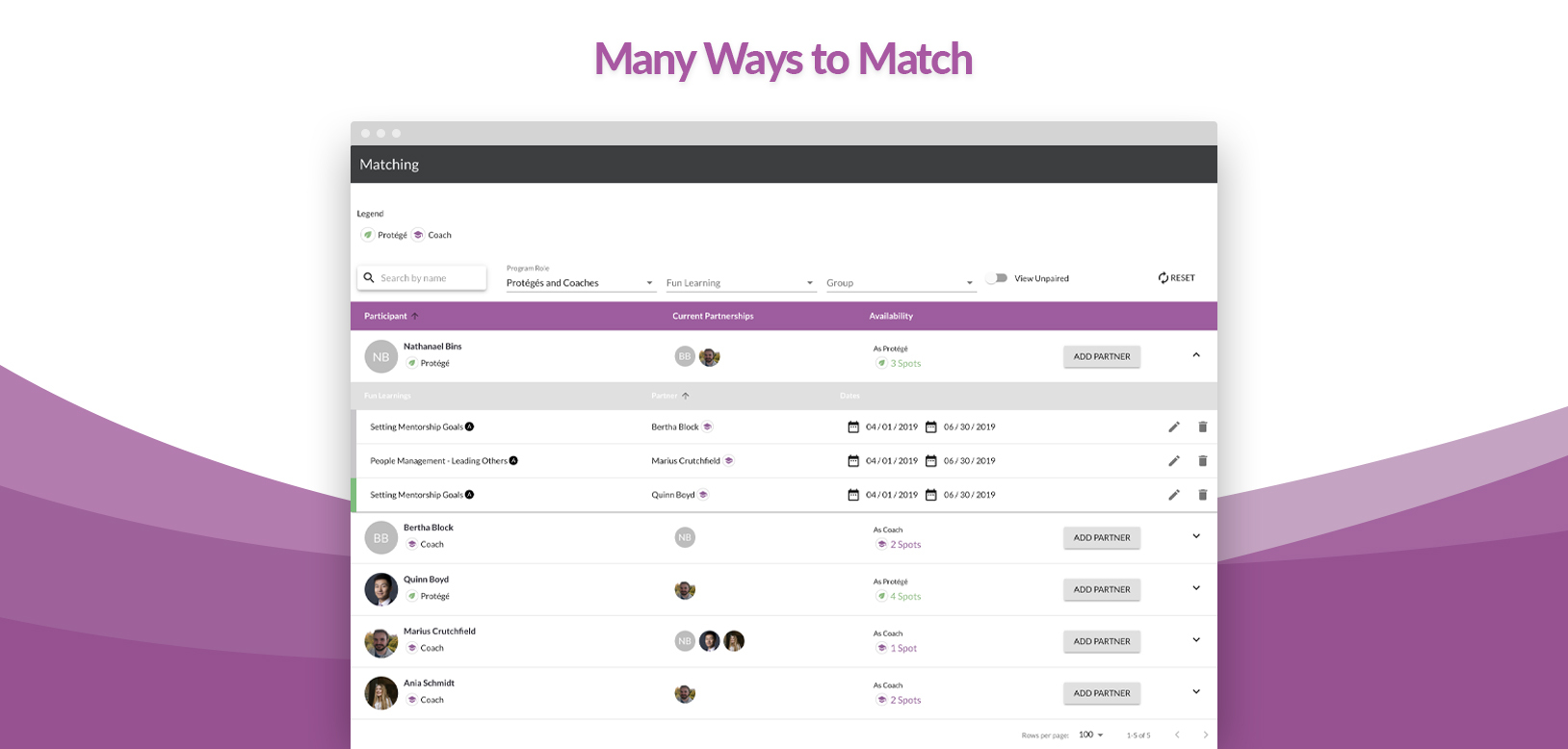 There are many ways to match your participants. Admin can use our robust matching filters and create partnerships before participants even enter the tool. Or participants can request partners.