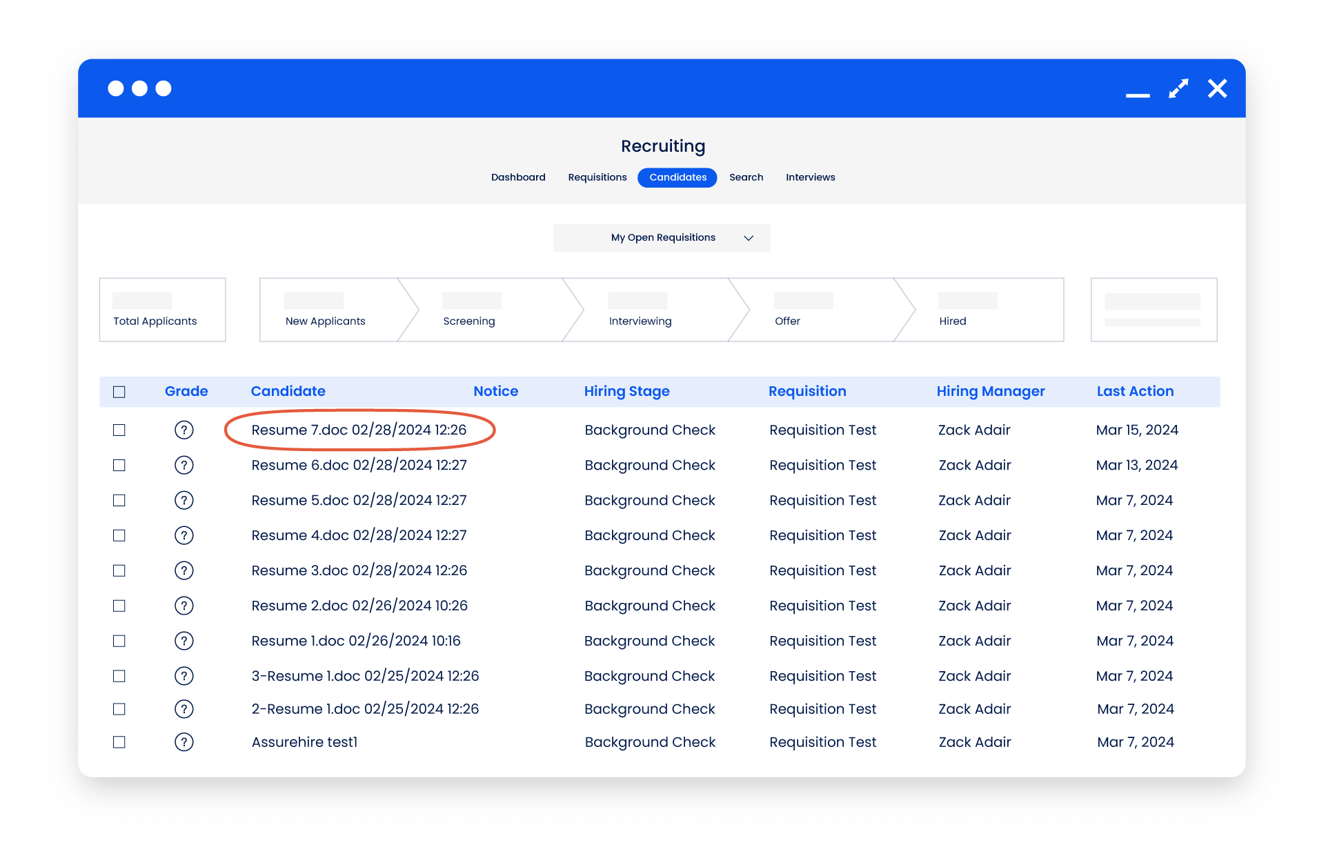 Mitratech AssureHire screenshot: Candidate Dashboard – Track applicant details, requisitions, hiring stages, and recruiter actions all in one place with Mitratech AssureHire.