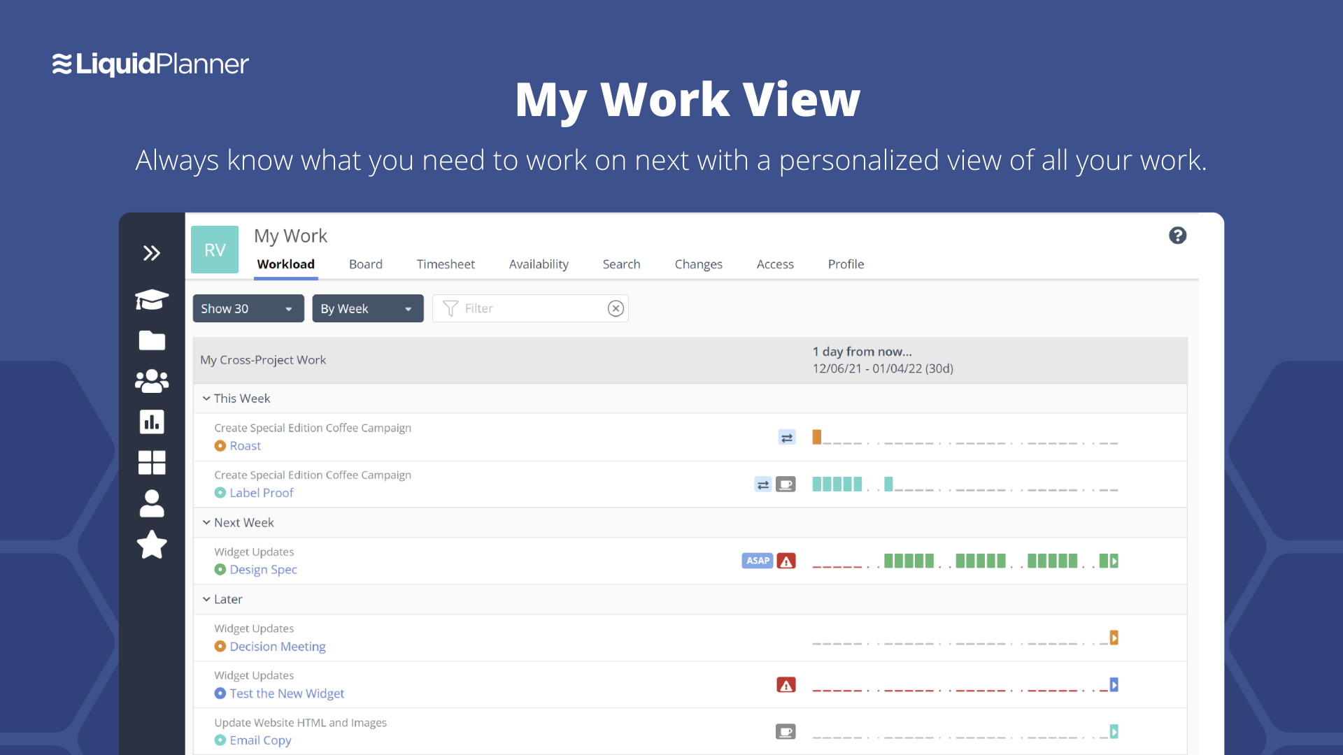 My Work View allows you to always know what you need to work on next so you're never guessing what the priority is for you. This is a personalized view of all your project work. This view allows you to understand your workload and balance accordingly.