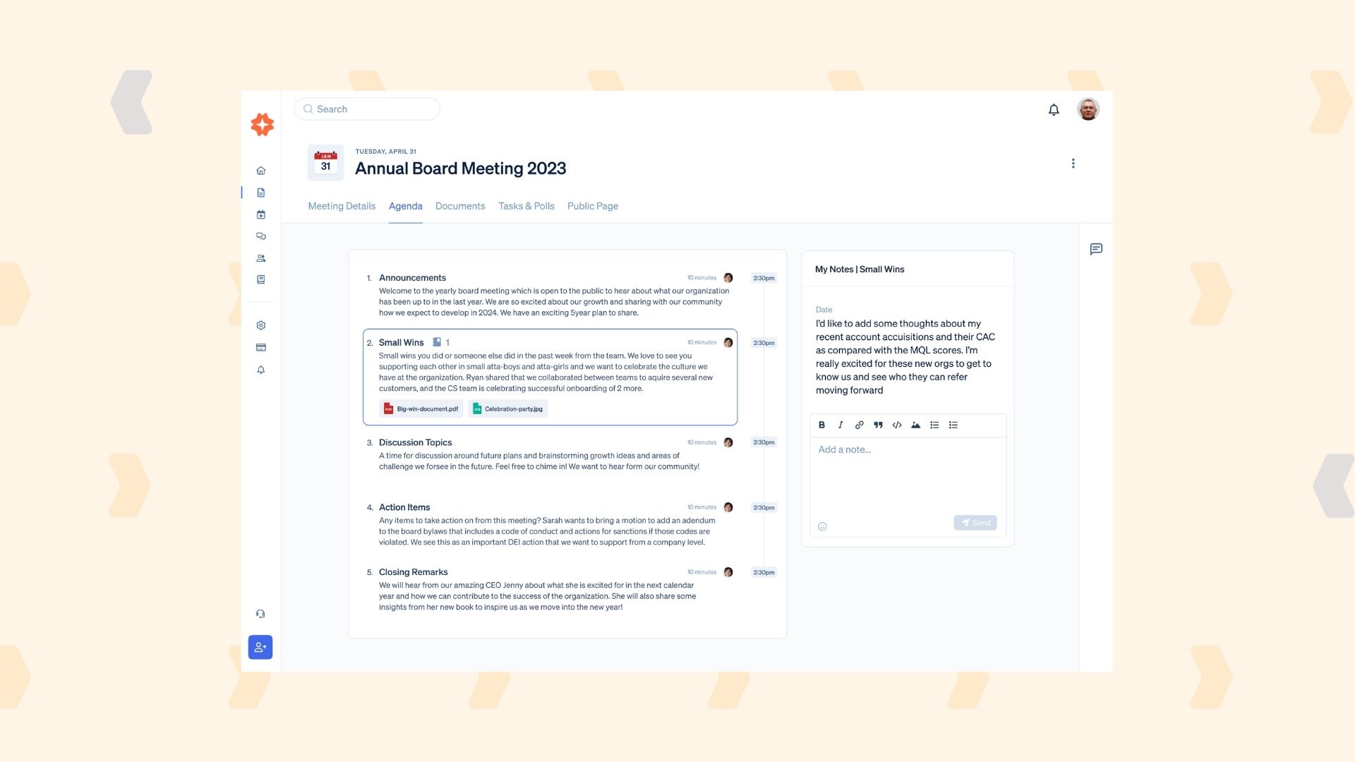 Agenda Builder: Stop recreating your agendas from scratch. We built customizable agenda templates that’ll help you ensure outcome-driven meetings. You can also utilize our Minutes Maker to record in-depth minutes directly from the agenda.
