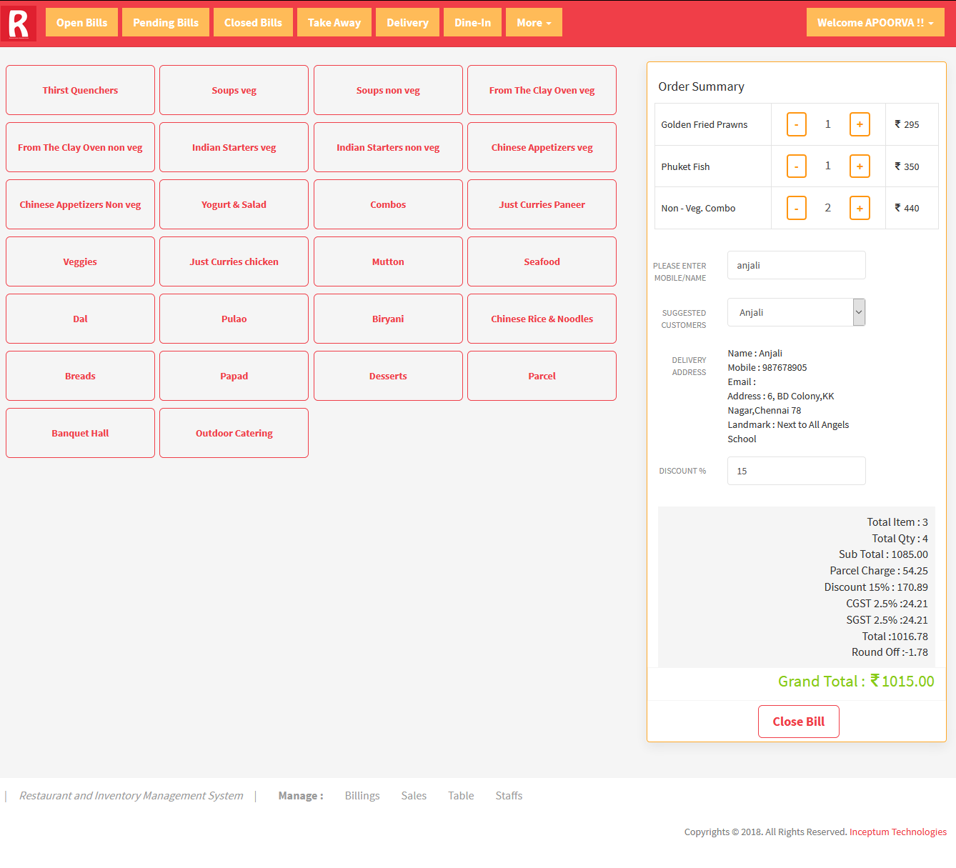 RIMS menu & billing screenshot