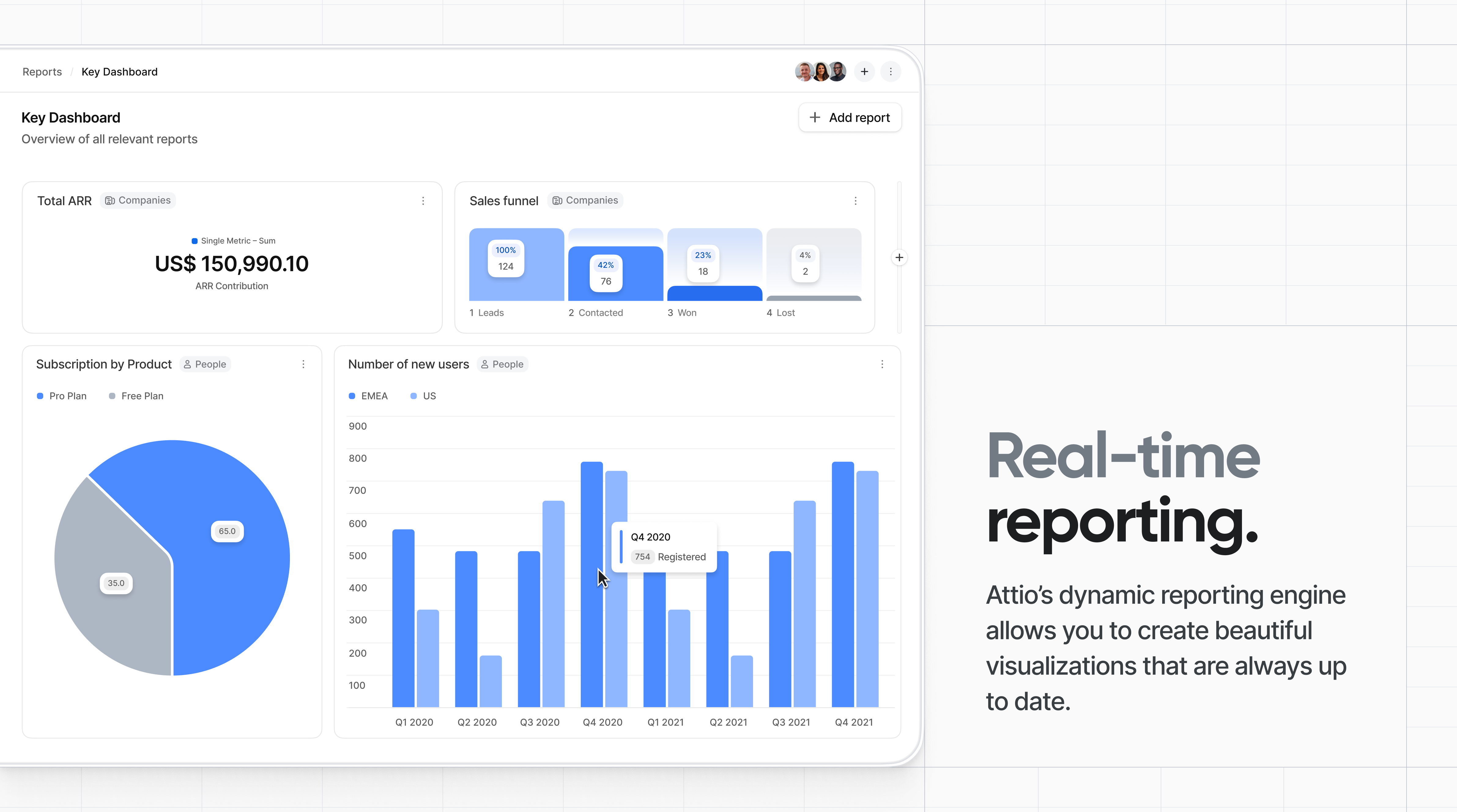 Real-time reporting: Attio’s dynamic reporting engine allows you to create beautiful visualizations that are always up to date.