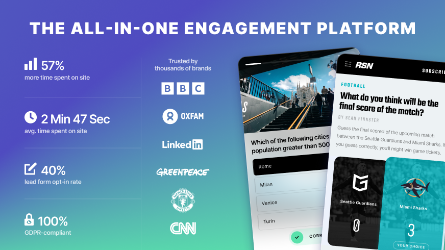 Riddle screenshot: Riddle Quiz Maker is used by publishers, brands, and sports teams globally to engage readers and fans.