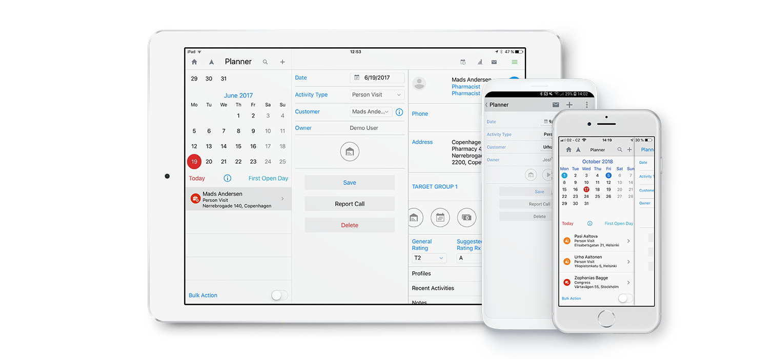 Inception CRM's Planner is natively supported on iOS, iPadOS and Android. It gives users a quick and easy way to schedule visits and events and view their plans on the go. It's easy to see status of each activity and report calls with a few clicks.