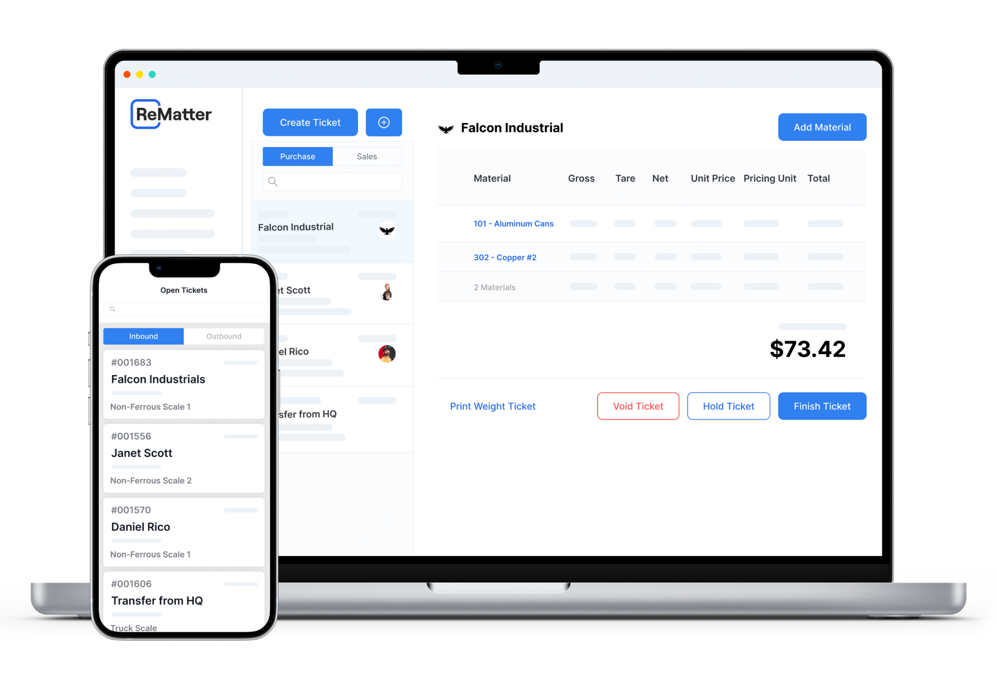 ReMatter Software - ReMatter is the #1 scrap yard management platform built for metal recyclers. Scale Ticketing, Inventory Management, Payments, Sales, Dispatching, Bin Tracking, Compliance, Reporting and more. Available on web and mobile, accessible anywhere you go.