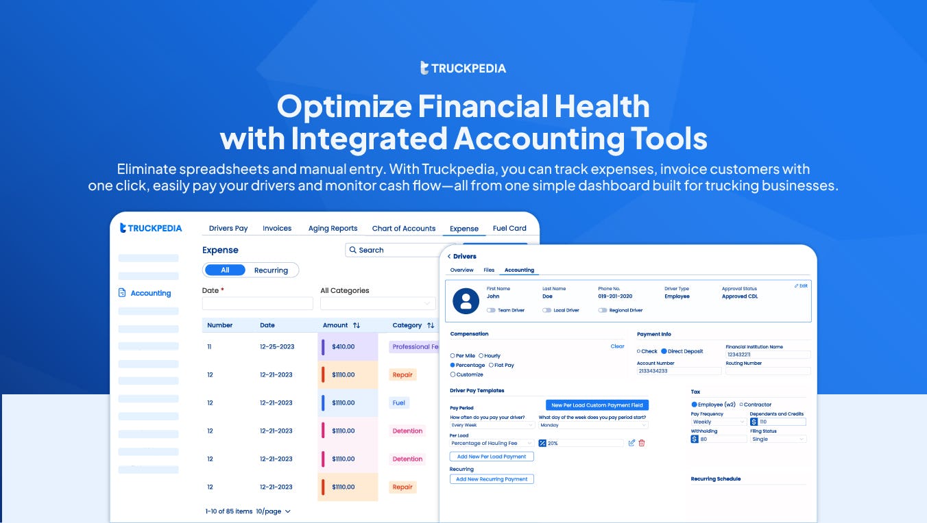 Truckpedia TMS Software - Manage your business finances without the hassle. Truckpedia simplifies invoicing, expense tracking, and cash flow monitoring—all from a single, trucking-friendly dashboard.