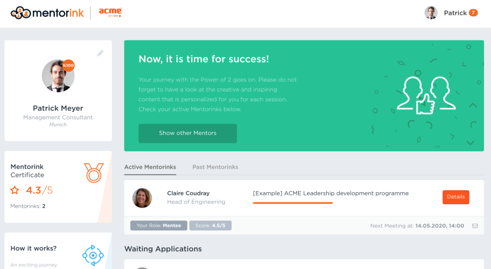 Mentorink Software - Dashboard page