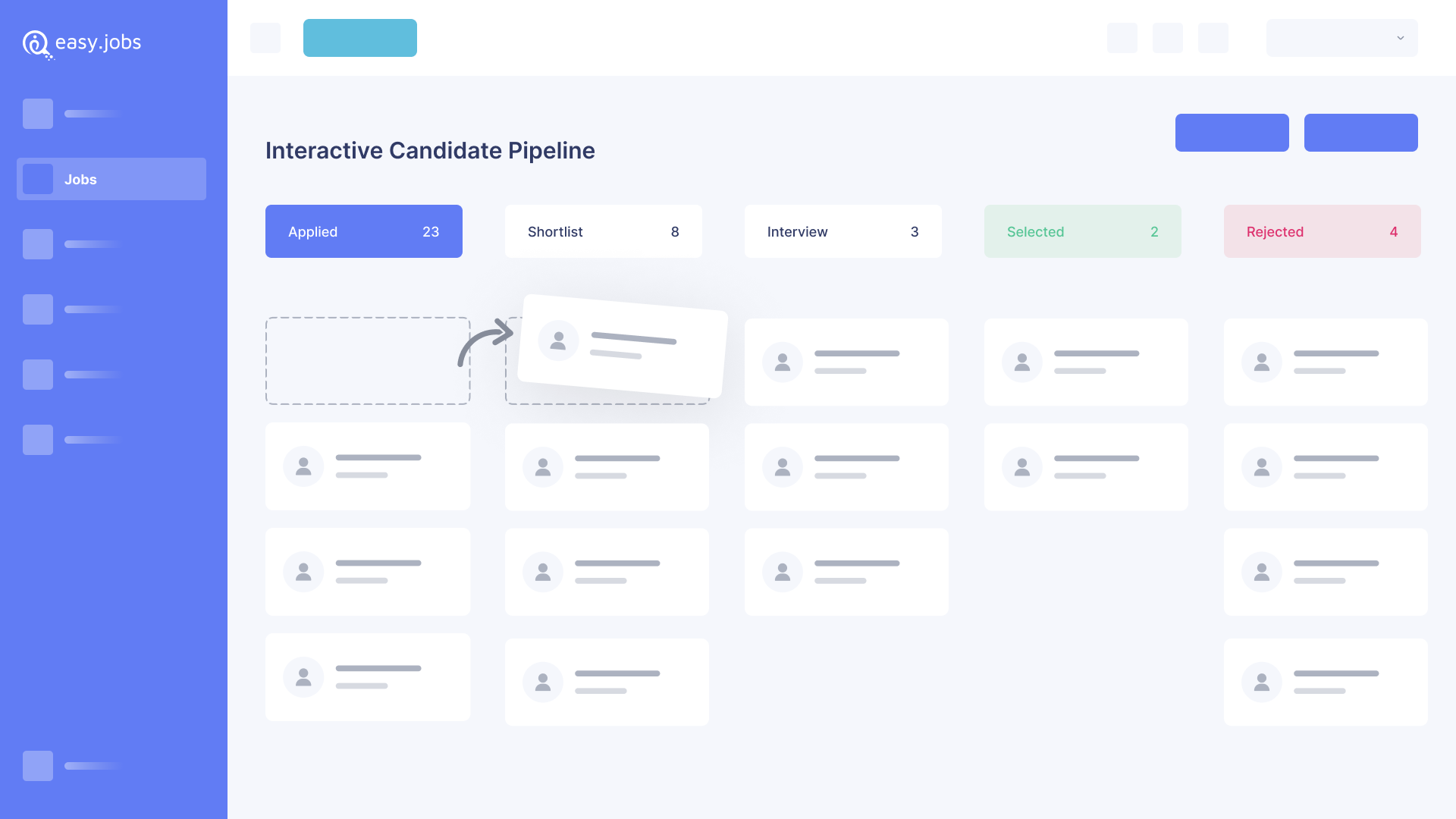 easy.jobs comes built-in with a structured candidate pipeline which allows companies to manage candidates through different recruitment levels seamlessly. You can create a new pipeline, customize it, delete it, or reset it and also drag & drop candidates.