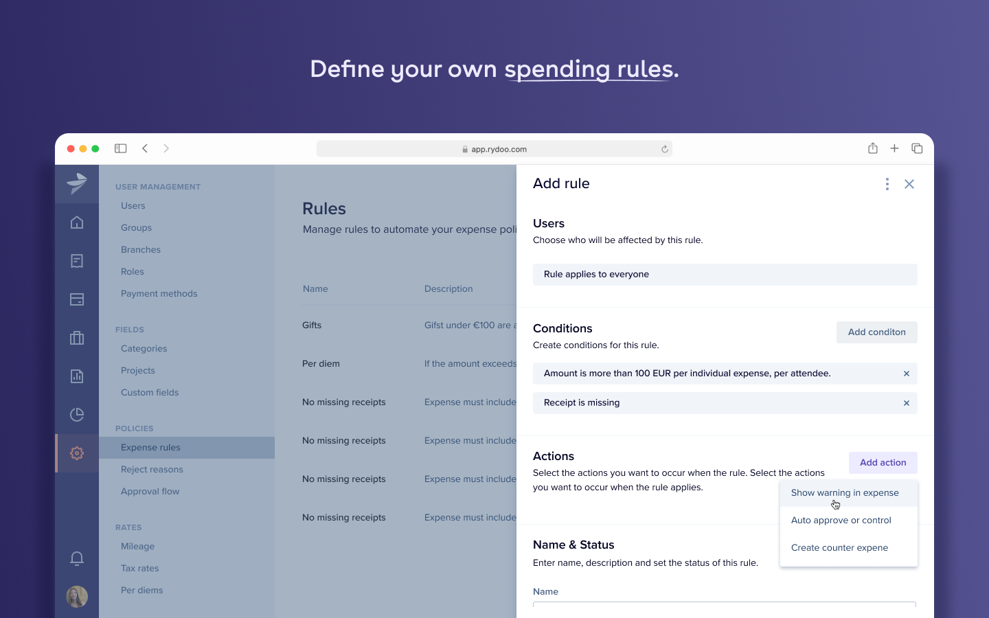 Rydoo Software - Define your spending rules