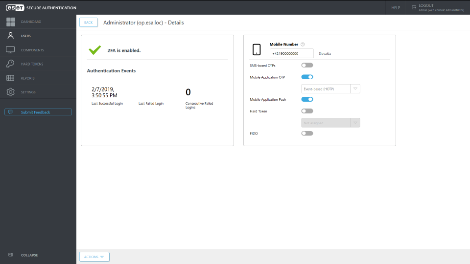 ESET Secure Authentication Software - ESET Secure Authentication admin settings