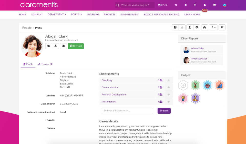 User profile, showing contact info, endorsements by coworkers, and badges