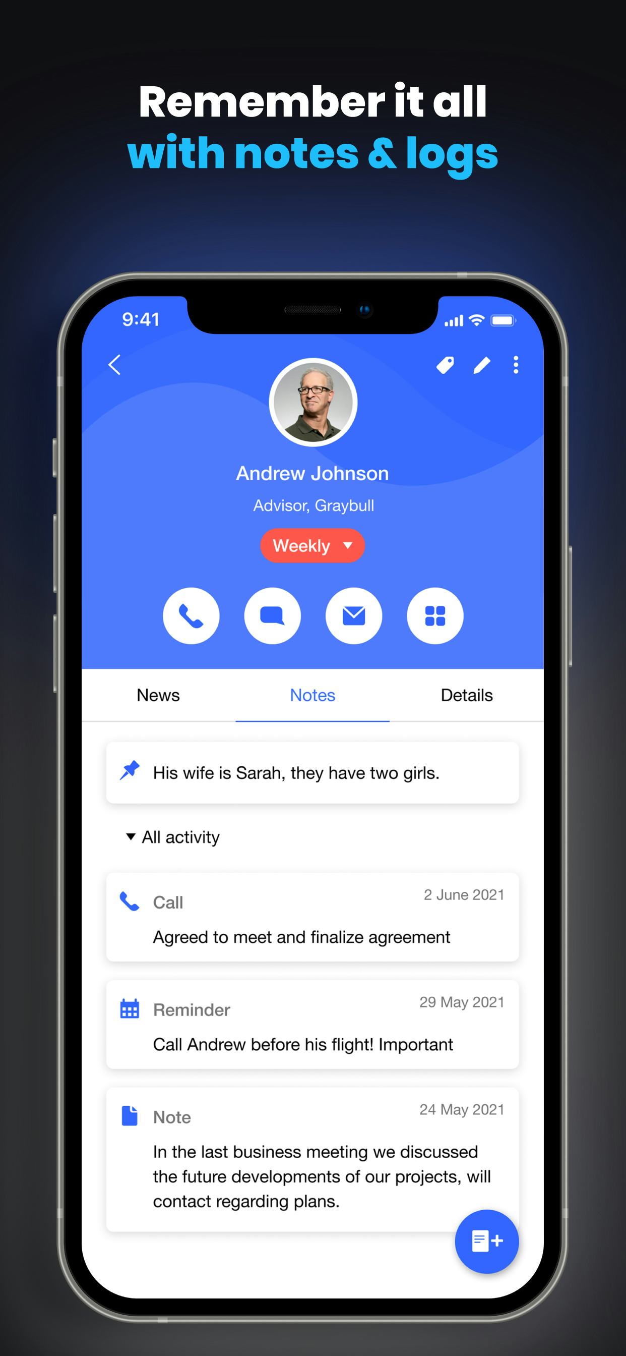 Covve App Software - After your call, keep notes from your discussion and add a reminder to follow-up.