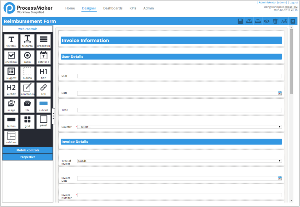 ProcessMaker UI showing the Designer tab selected with drag and drop web controls available for composing a reimbursement form capturing user details and invoice details across a number of fields