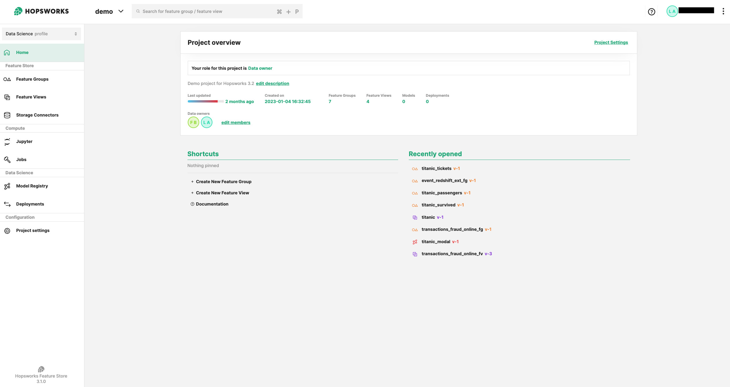 Hopsworks screenshot: Homepage