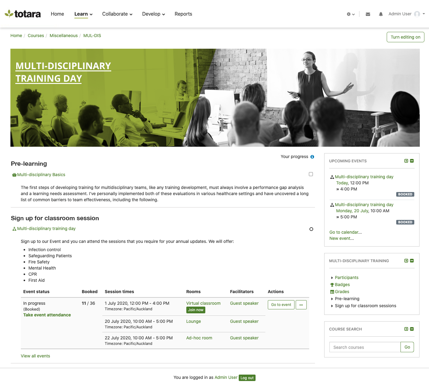 Totara Learn Software - example course page in Totara Learn
