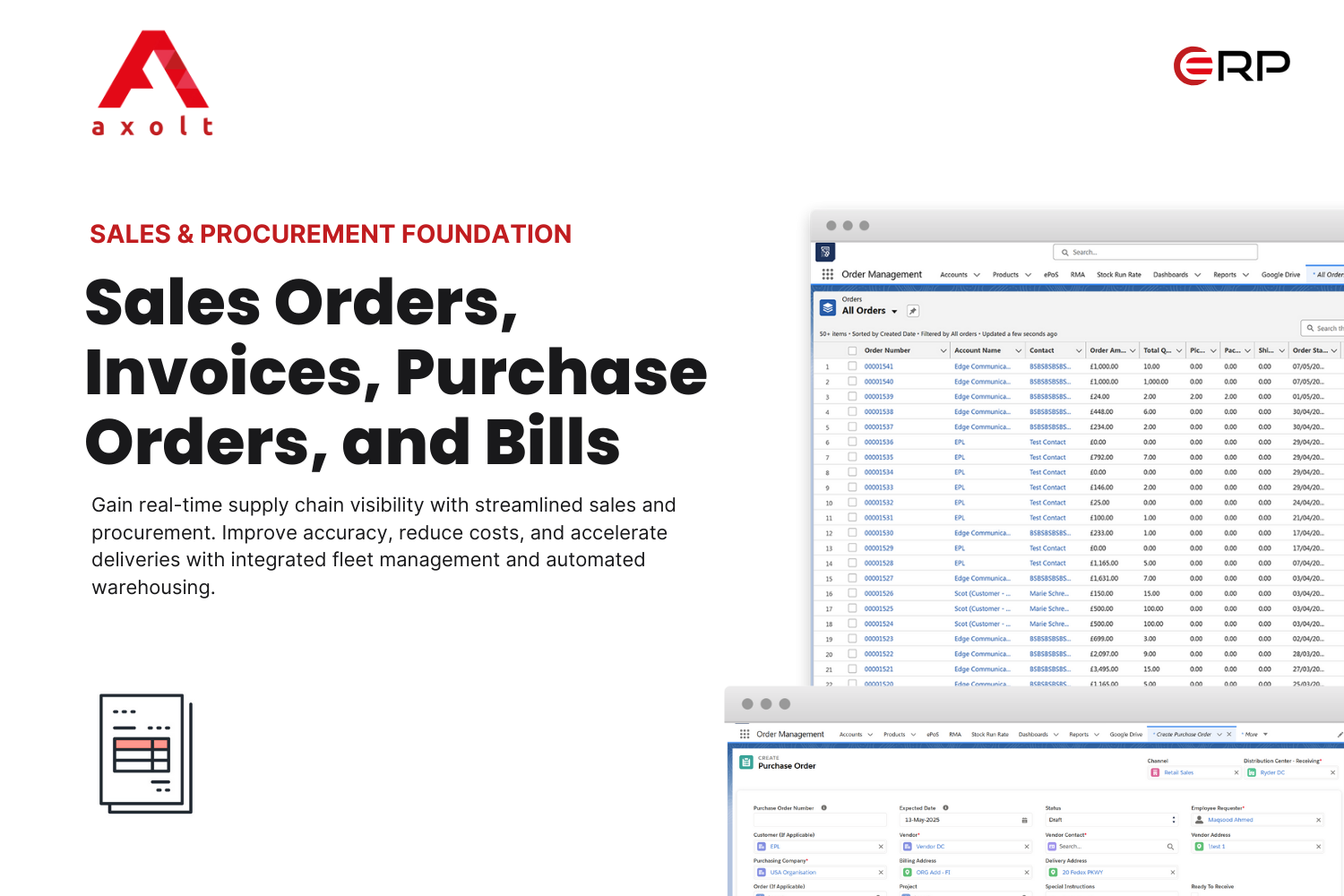 Axolt screenshot: Sales orders, Invoices, Purchase Orders, and Bills