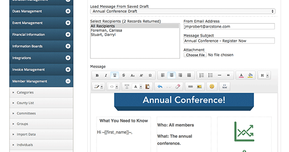 Use the email builder to create templates and send newsletters to contacts