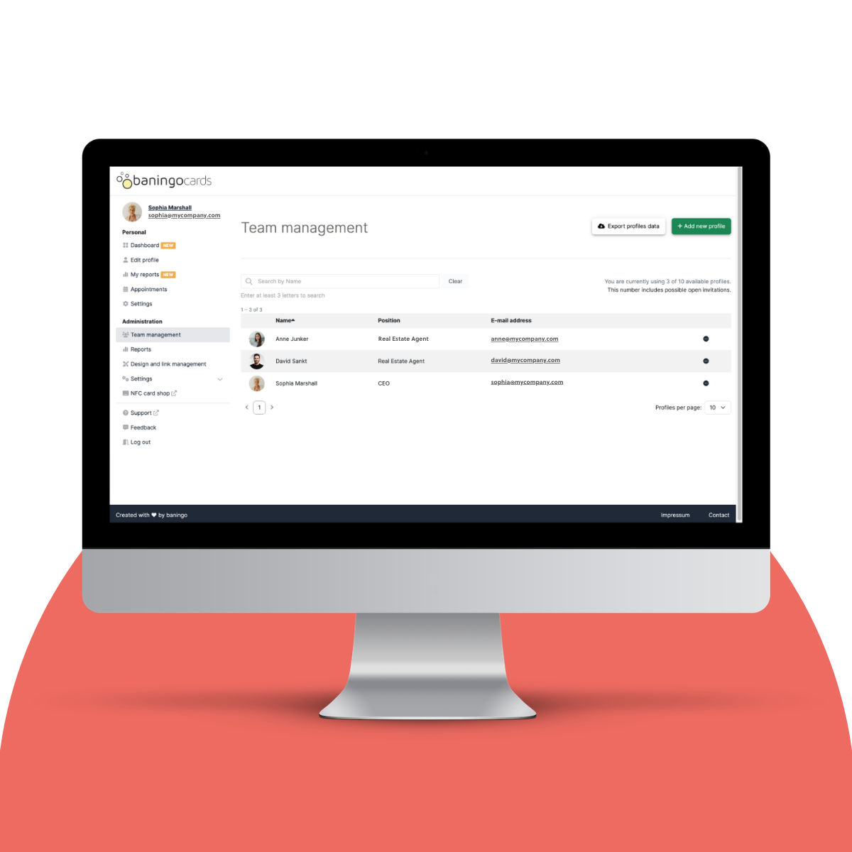 baningo cards screenshot: Manage your team centrally