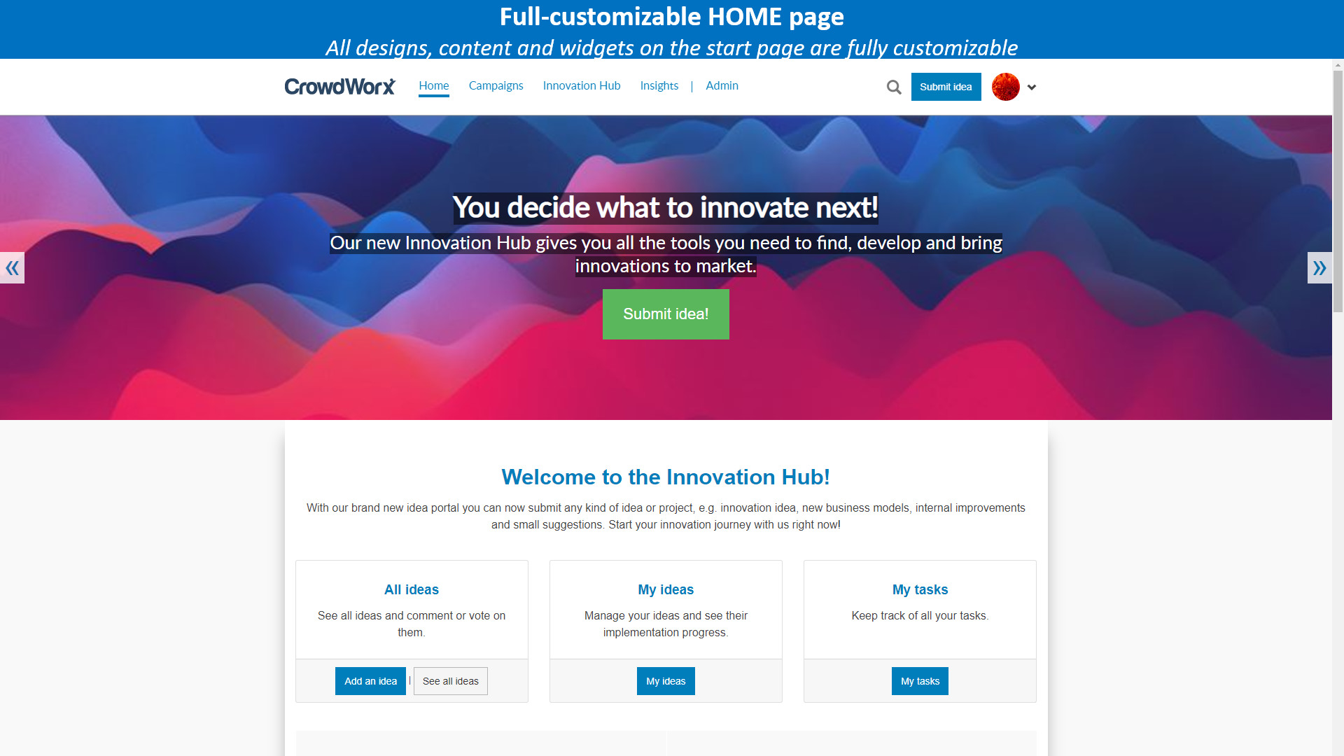 CrowdWorx Innovation Engine screenshot: Fully-customizable HOME page