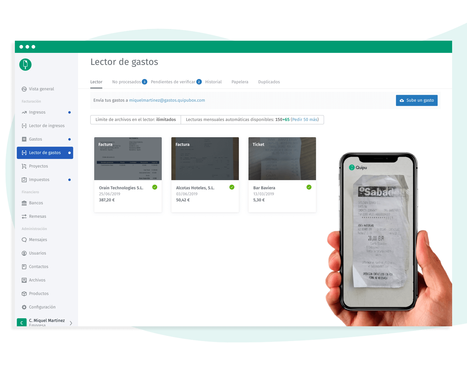 Quipu Software - *Digitalizar tickets y facturas* Digitaliza tus ingresos y gastos en un instante con nuestro sistema OCR, basta con subir una imagen desde tu móvil, subir el archivo a Quipu o enviarlo por email.