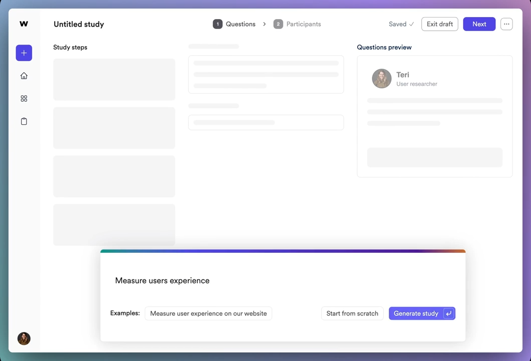 Wondering screenshot: Ask any research questions.AI creates your study.