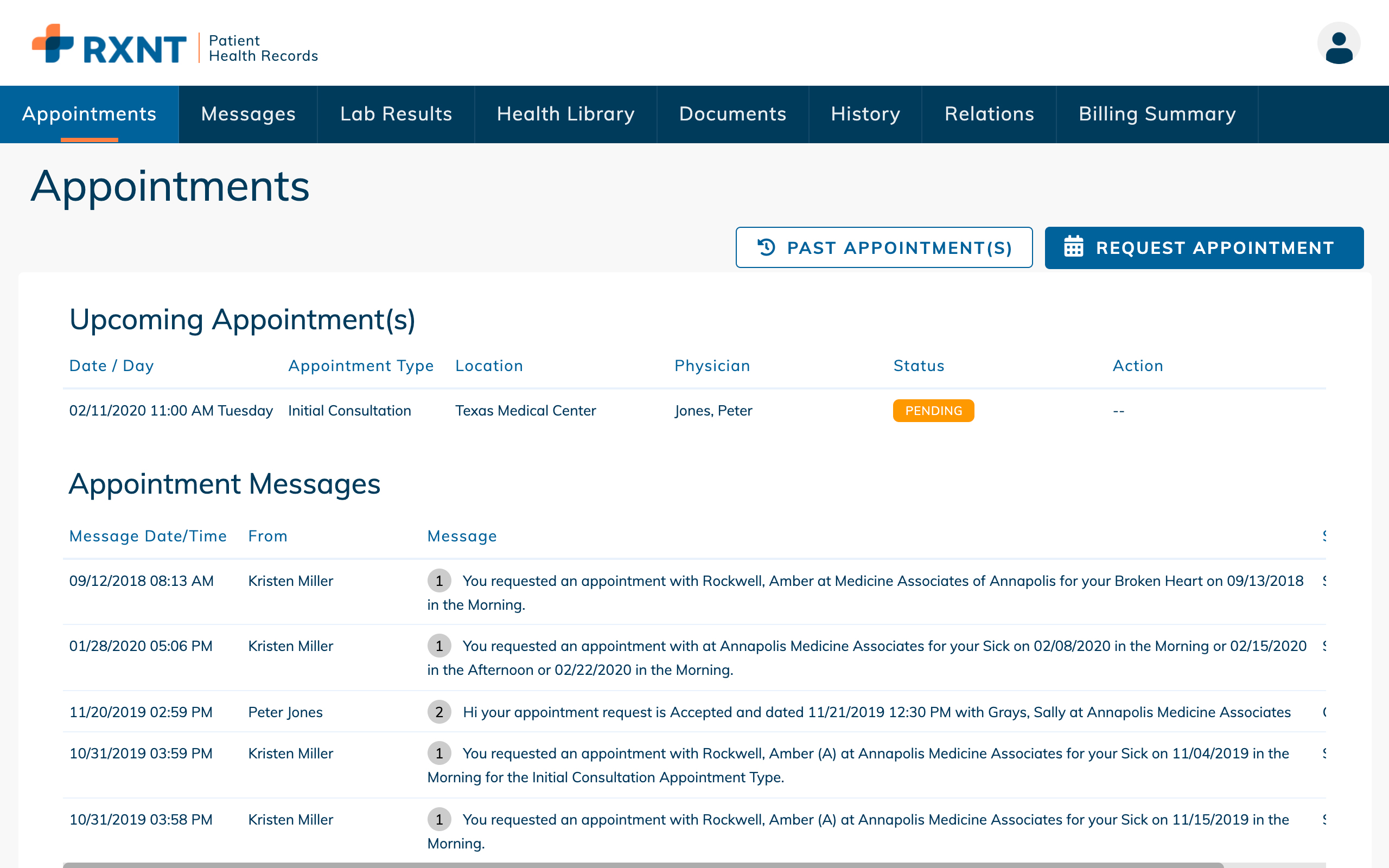 RXNT Patient Health Records – Appointments. Schedule and manage upcoming appointments and see past secure appointment messages.