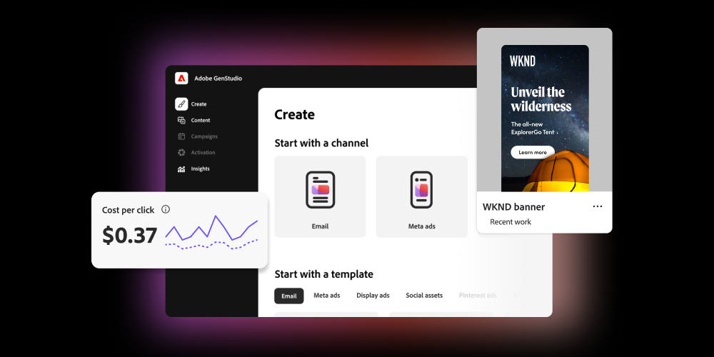 Adobe GenStudio for Performance Marketing screenshot: Adobe GenStudio brings insights and creation together in one application. Marketers can quickly create high-performing, on-brand content using pre-approved templates and optimize that content for their next marketing campaign. 