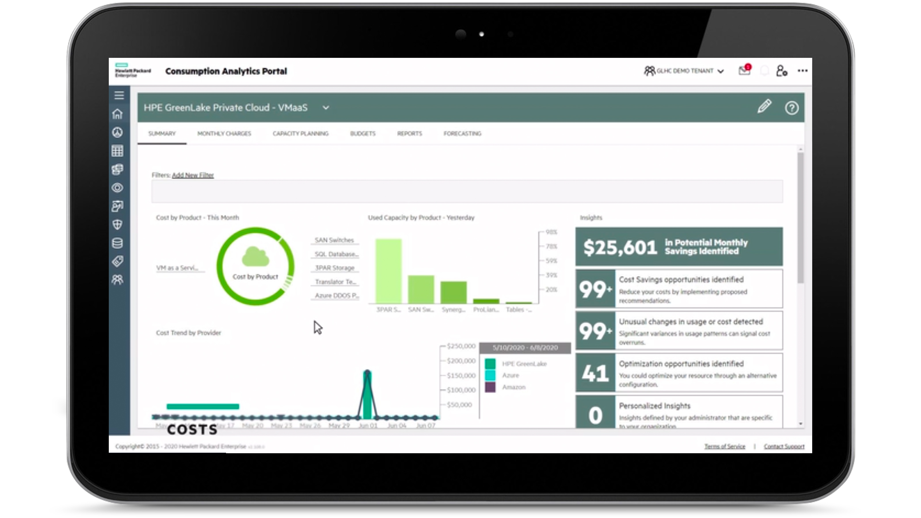 HPE GreenLake screenshot: HPE GreenLake consumption analytics portal

