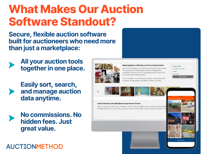AuctionMethod screenshot: Run Your Auctions Your Way. 
Secure, flexible software for auctioneers who do it all. AuctionMethod is an all-in-one, white-label auction software that adapts to your workflow, from setup to billing, bidding, and beyond.