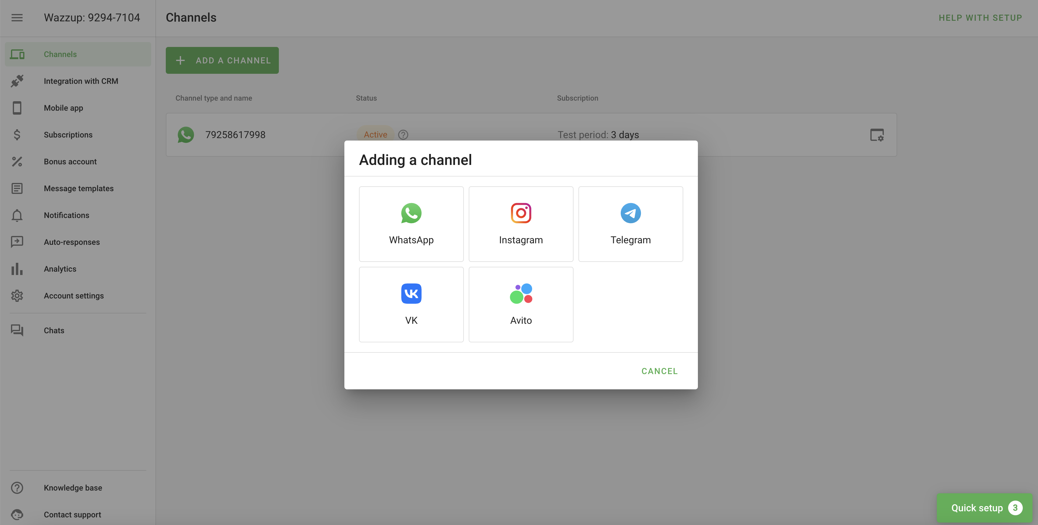Wazzup screenshot: Wazzup adding channels