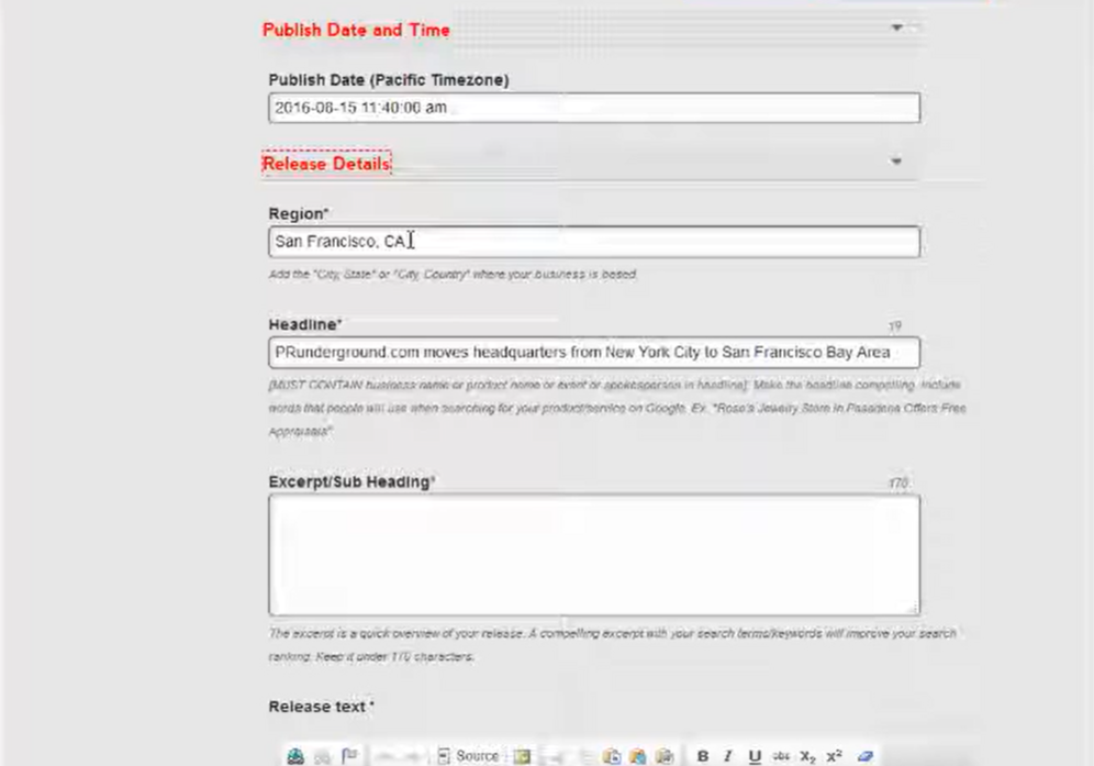 PR Underground screenshot: PR Underground publishing date