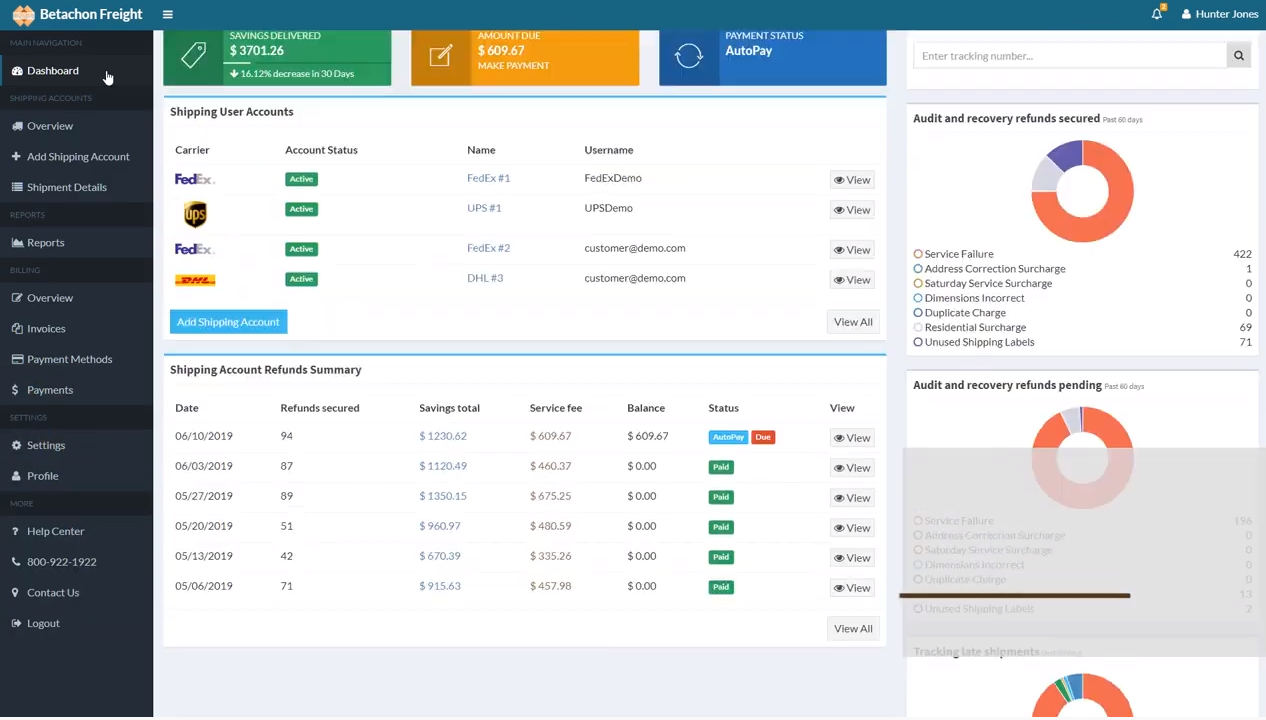 Betachon Freight Auditing screenshot: Betachon Freight Auditing dashboard
