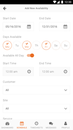 Celayix screenshot: Scheduling options on the mobile app include the ability to flag up availability with calendar-based controls