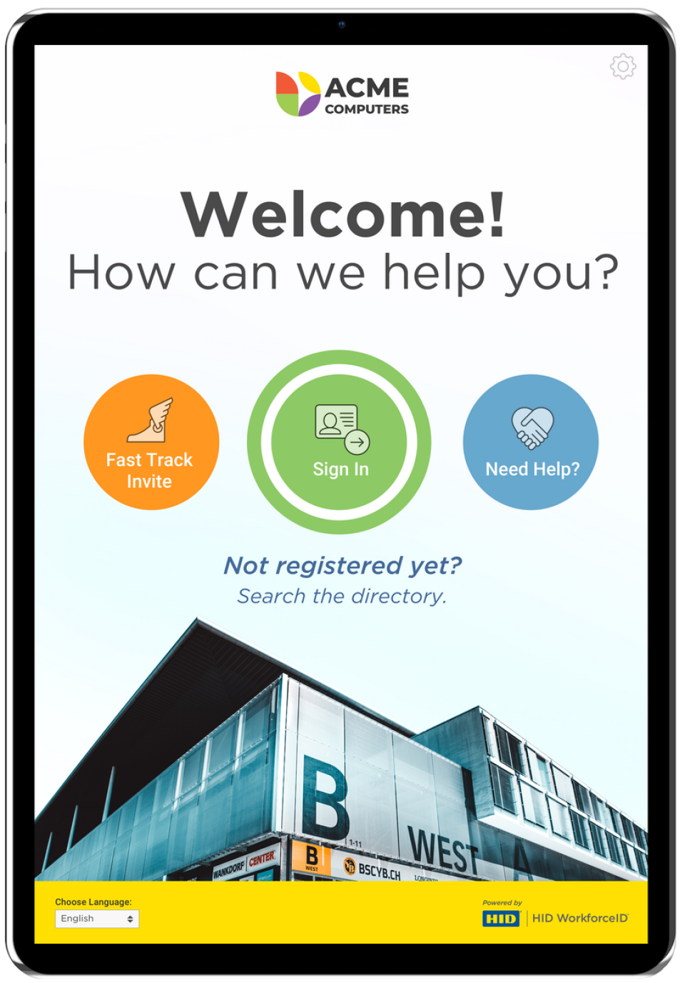 HID Visitor Management Solutions screenshot: HID Visitor Management Solutions tablet sign-in kiosk