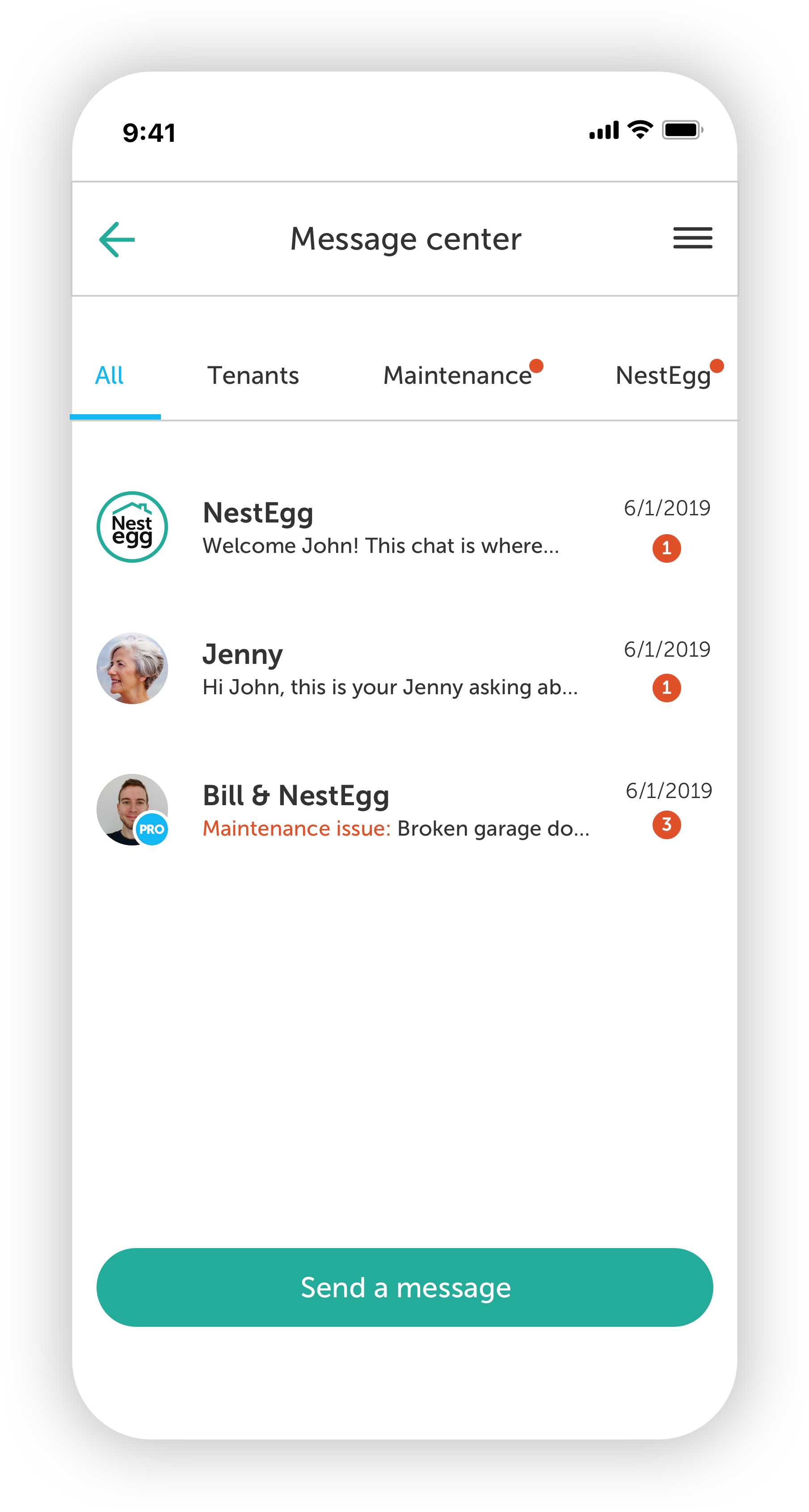 Chat with your tenants or NestEgg’s local experts in the Message Center section