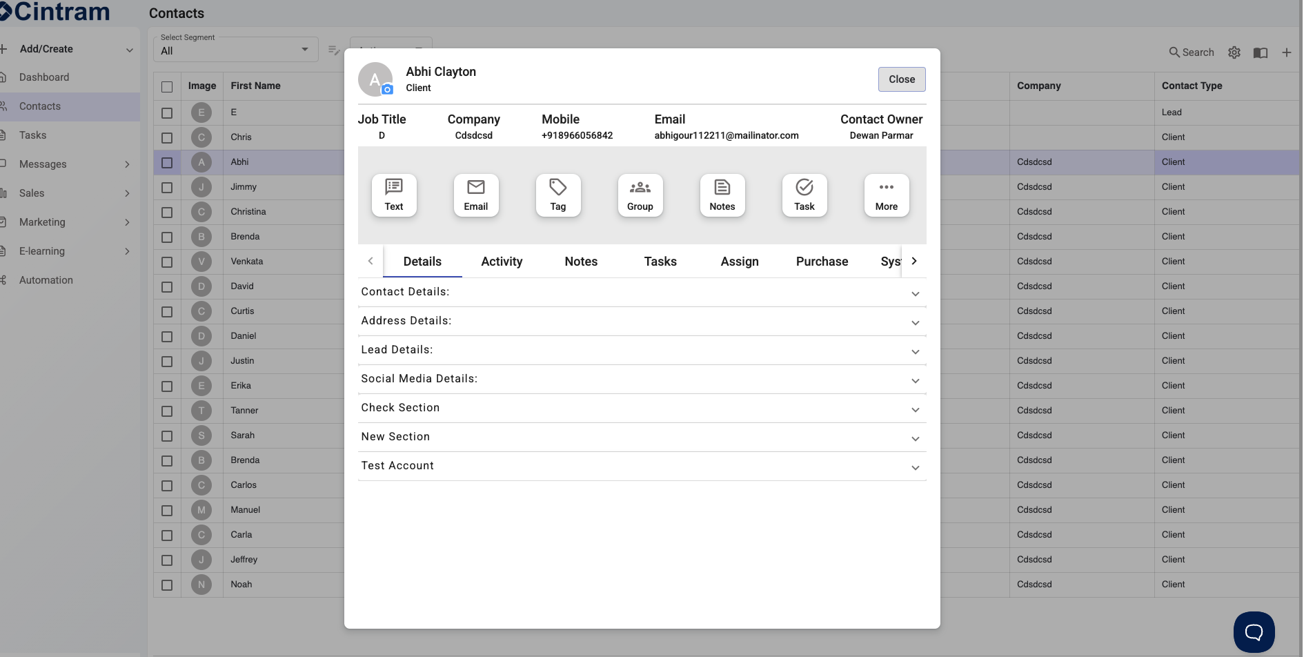 Cintram screenshot: Cintram’s Contact Details view allows you to easily access and manage all your customer information. View and update contact details, social media profiles, and lead information while also tracking activities, assigning tasks, and adding notes all in one 