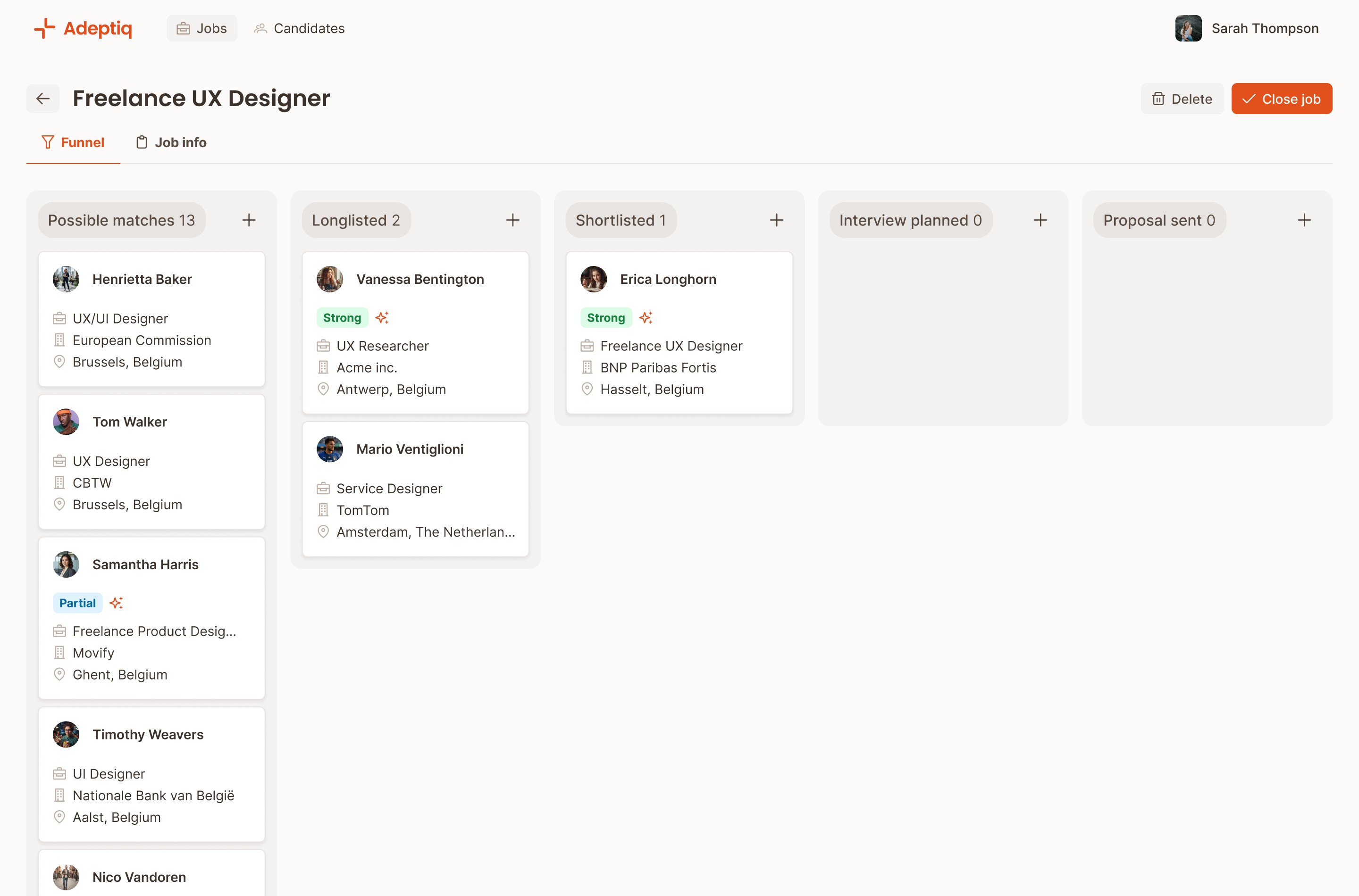 Adeptiq screenshot: Adeptiq Job page with a structured funnel 