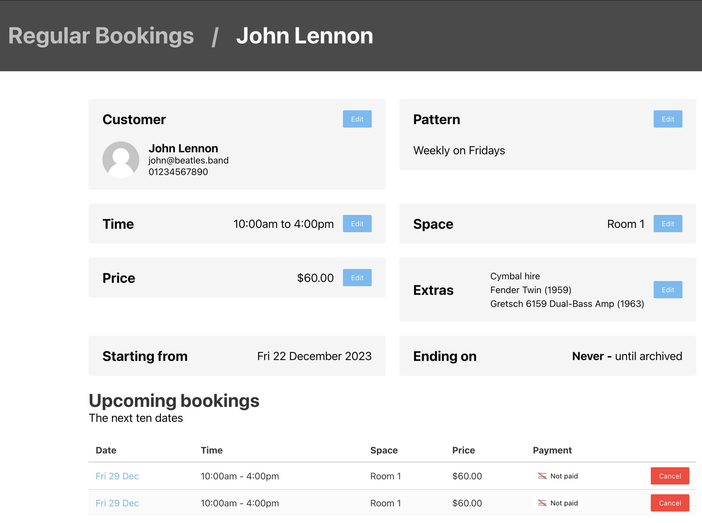 Jammed Software - Regular bookings allow you to setup your customers that visit your studio on a regular basis