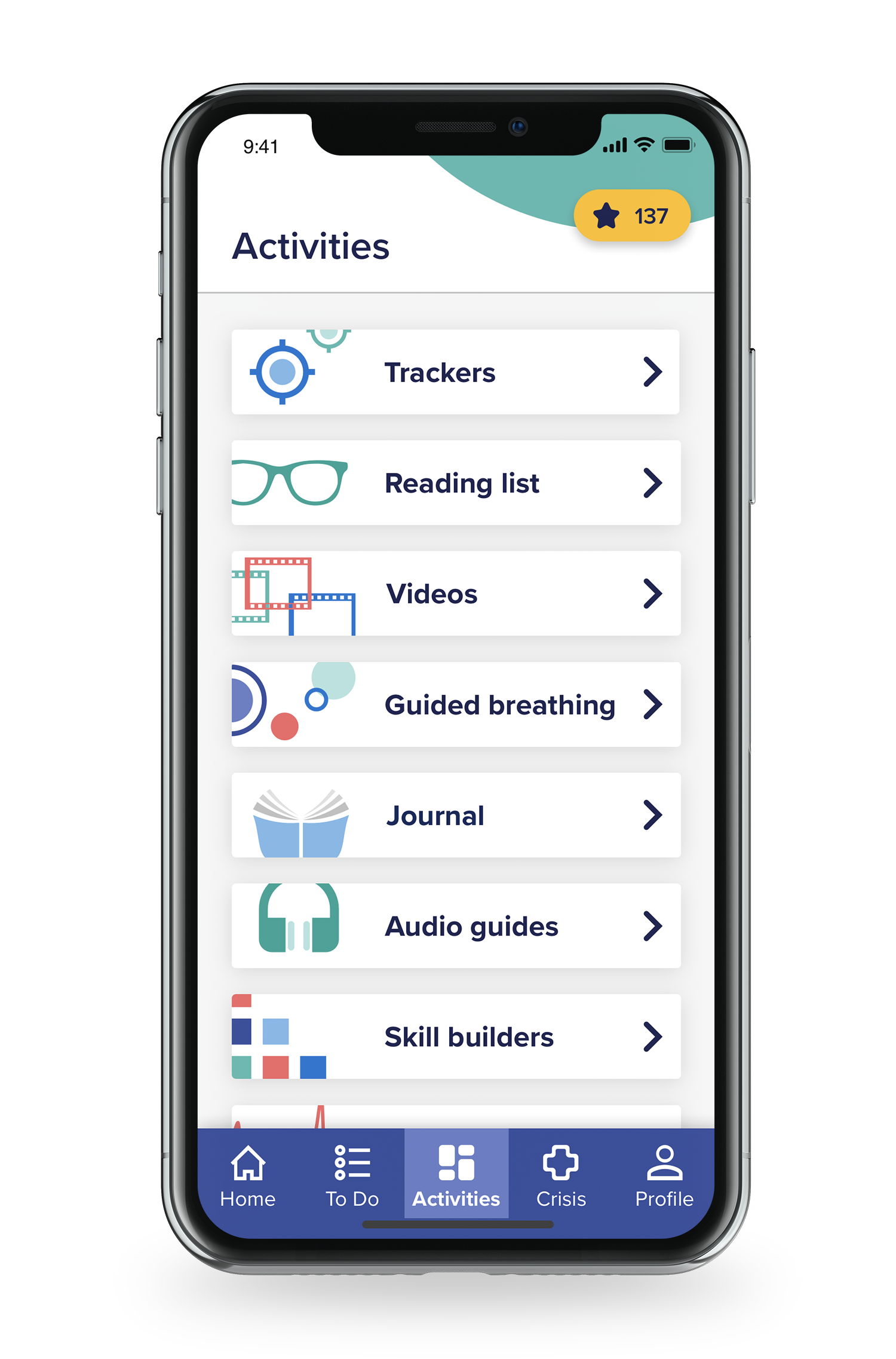 NeuroFlow Software - Mobile app activities menu