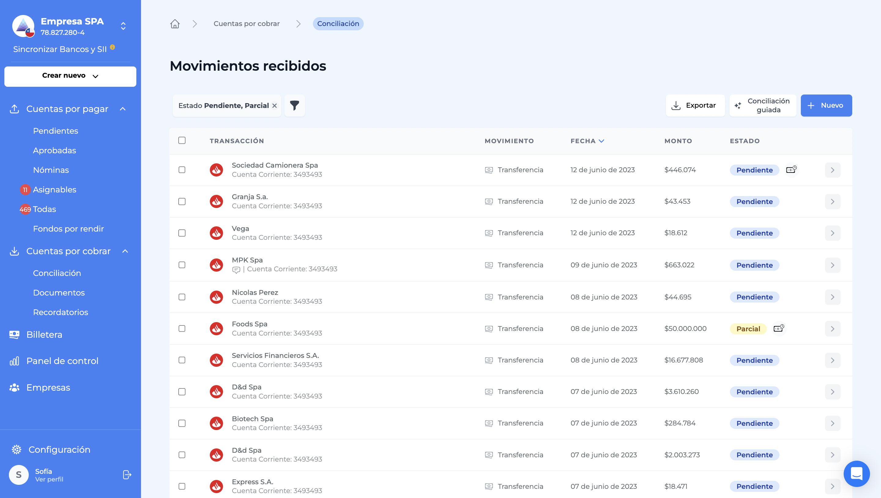Bemmbo Software - View showing received bank transfers. Bemmbo connects to bank accounts allowing automatic bank reconciliation.